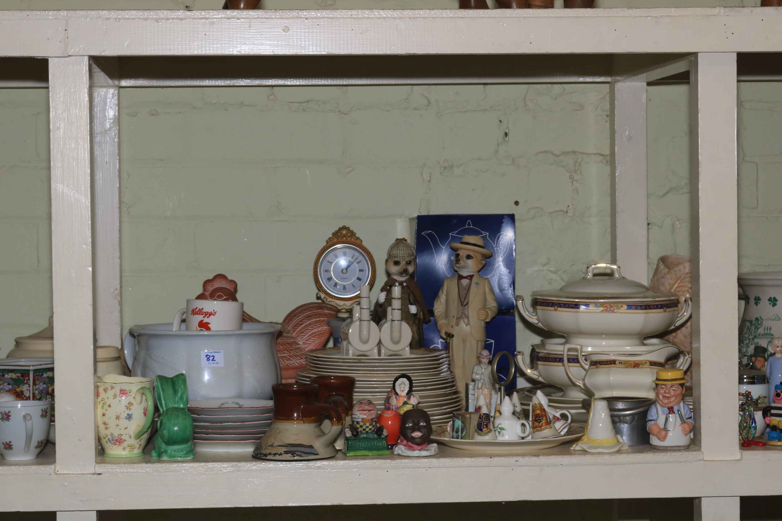 Full shelf of assorted china including candle snuffers, figurines, dinnerwares, Ringtons, - Image 5 of 6