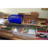 Collection of railway carriages, track and accessories including Hornby OO gauge, etc.