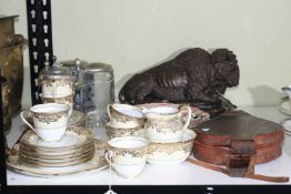 White and gold Noritake porcelain, wristwatches, cast metal bison, etc.
