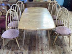 Vintage Ercol Grand Windsor rectangular dining table and six Quaker back chairs including pair