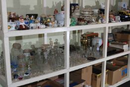 Large collection of glassware, thimbles in display cases, clay pipes, smoking,