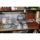 Losol Ware 'Pompadour' dinner service and two wicker cases of cutlery.