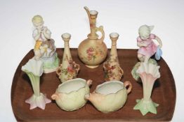 Two Royal Worcester Month figures 'June' and 'March', pair of blush vases and spill jug,
