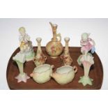 Two Royal Worcester Month figures 'June' and 'March', pair of blush vases and spill jug,