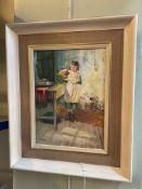 M Wilson, Girl Preparing to Feed a Cat, oil on board, signed lower left, 29cm by 21cm, framed.