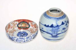 Chinese blue and white ginger jar, 16.5cm, and Imari bowl (2).