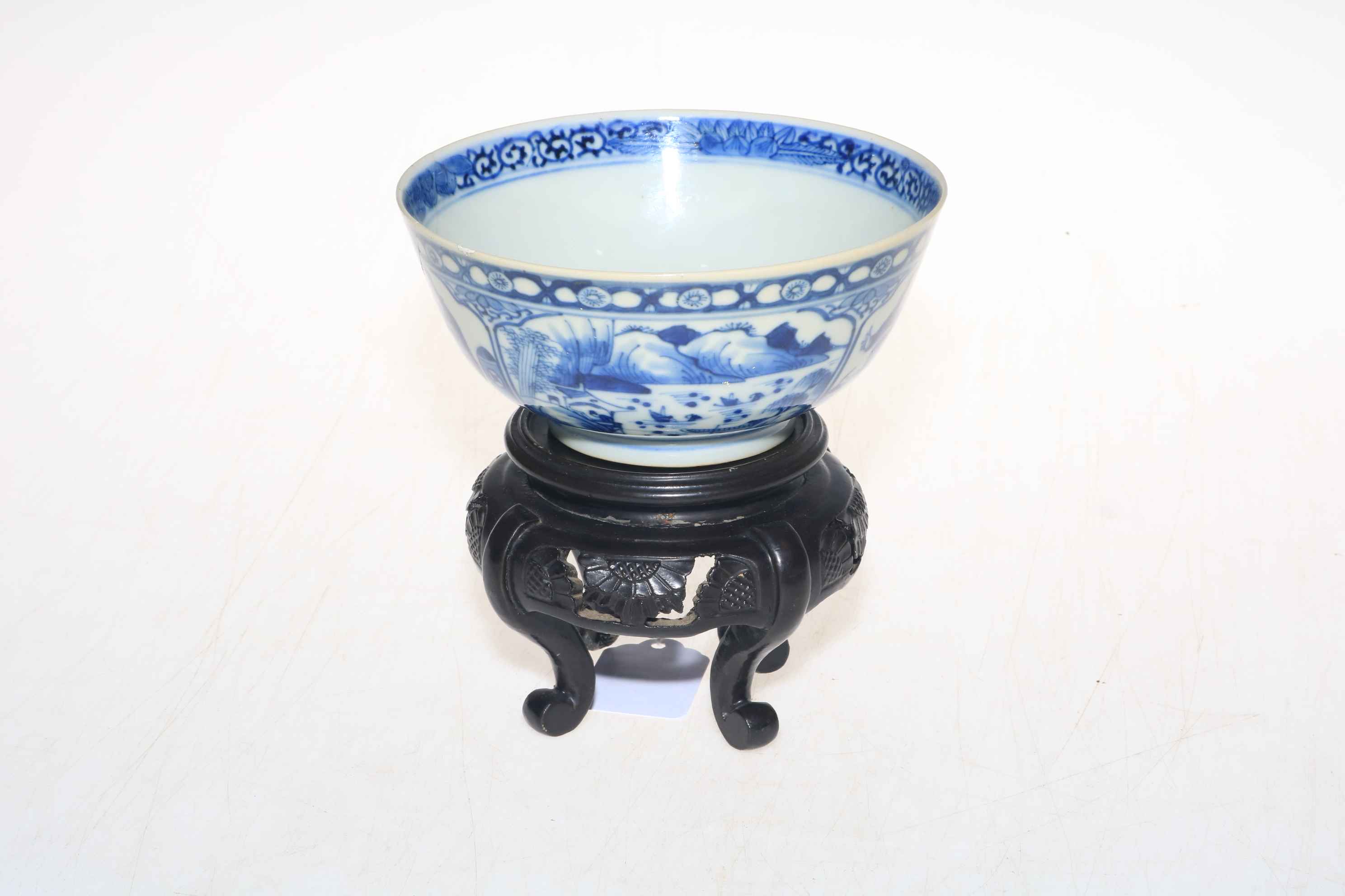 Chinese blue and white bowl with panels of decoration, 14.5cm diameter, with stand. - Image 4 of 6