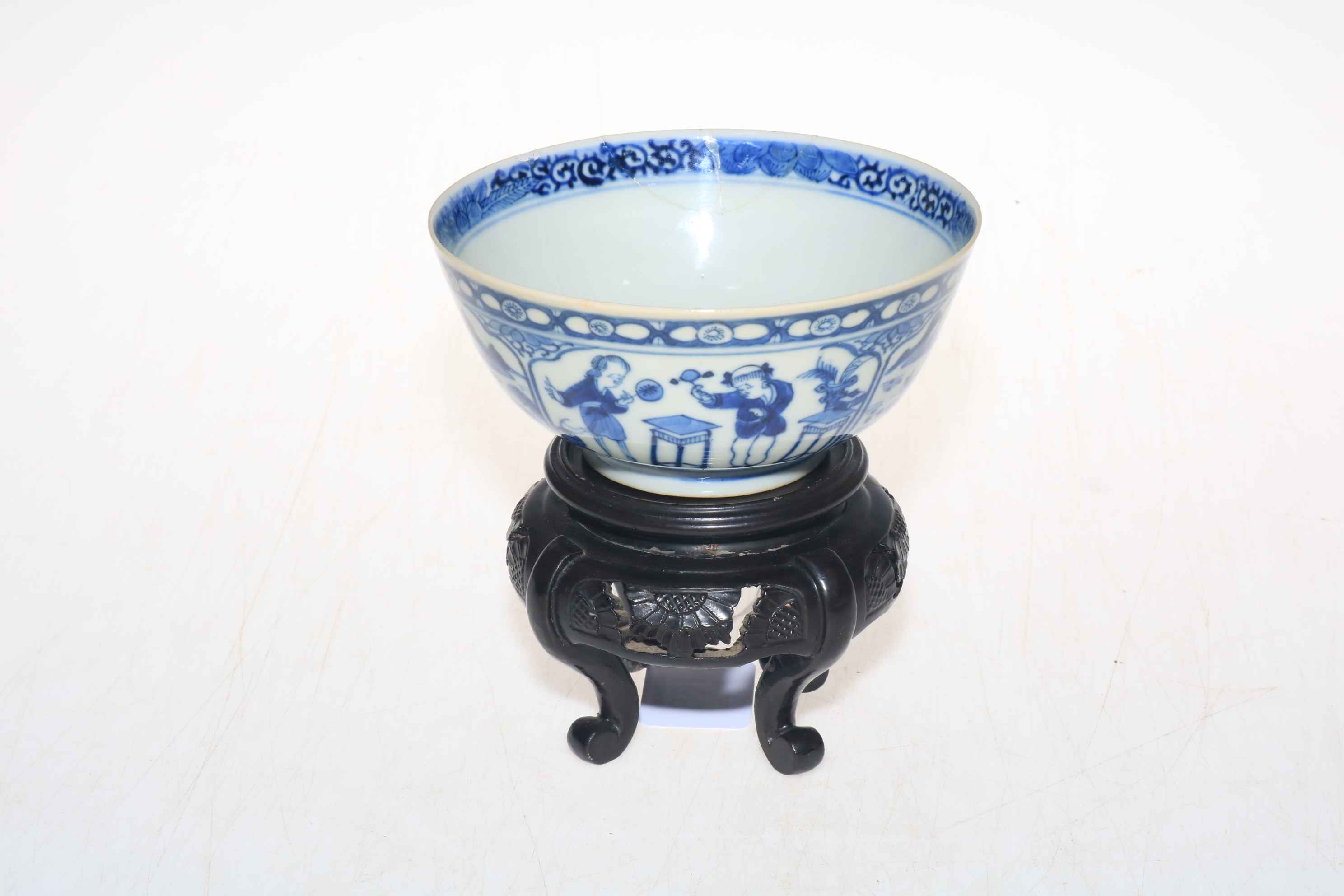 Chinese blue and white bowl with panels of decoration, 14.5cm diameter, with stand. - Image 5 of 6