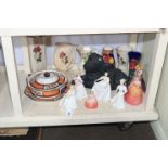 Royal Doulton and other figures, dog ornament, vases, jugs and large tureen with stand.