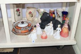 Royal Doulton and other figures, dog ornament, vases, jugs and large tureen with stand.