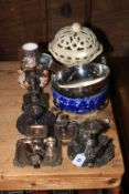 Three vintage Sheffield silver plate chamber candlesticks, Derby two handled vase, Creamware basket,