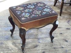 Victorian mahogany cabriole leg stool with needlework seat, 48cm by 52cm by 44cm.