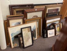 Large quantity of old framed pictures including painted mirror, map, firescreen, etc.