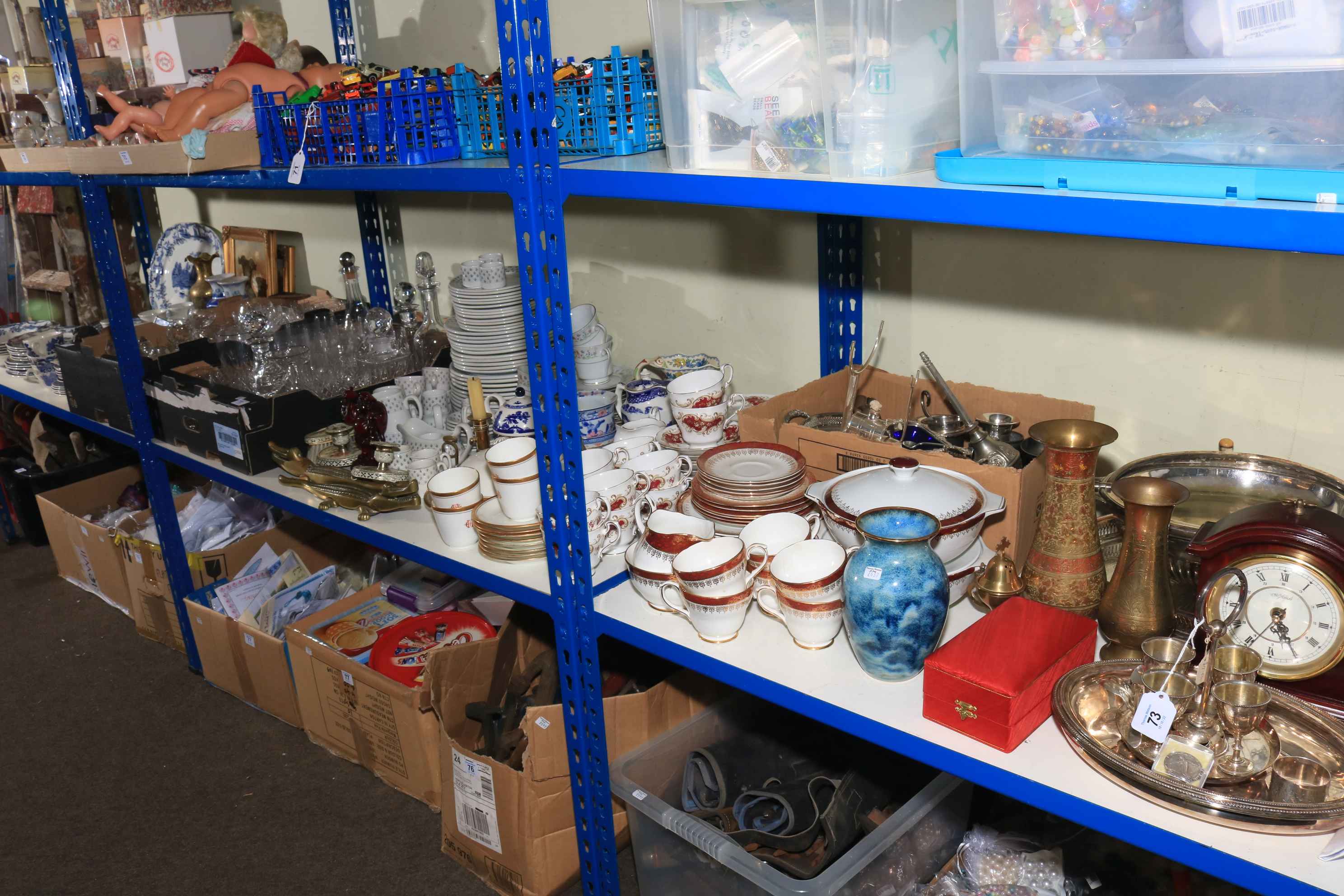 Blue and white porcelain, part tea wares, glass, metalwares, mantel clock, etc.