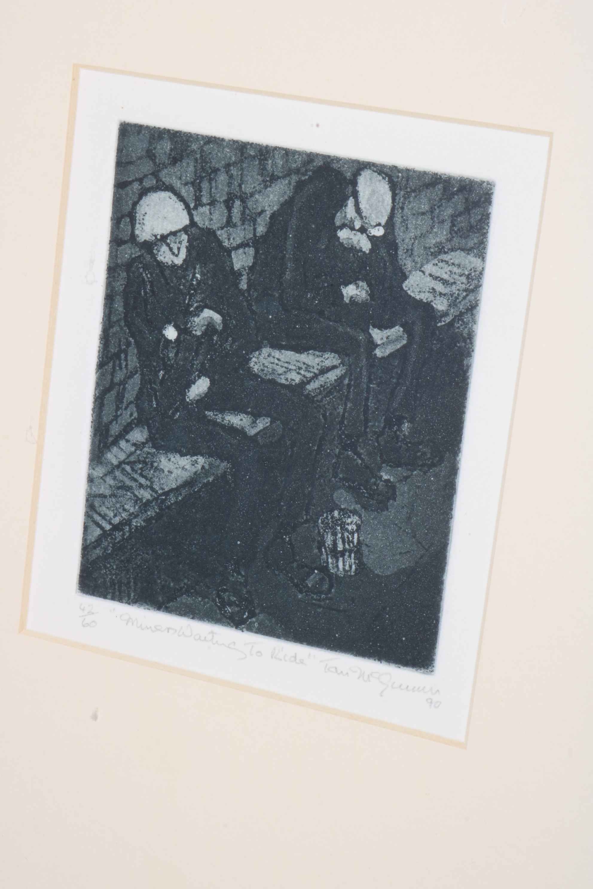 Tom McGuinness limited edition etching, Miners waiting to Ride, 42/60, signed, - Image 2 of 2