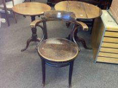 Two antique circular tripod occasional tables and Bentwood armchair (3).