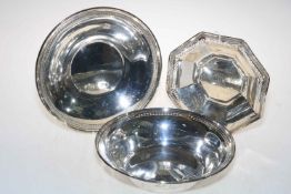 Three sterling silver dishes, one octagonal with pierced decoration, largest 25.5cm diameter.
