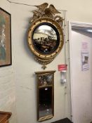 Circular gilt framed convex mirror with eagle crest and rectangular gilt framed bevelled wall