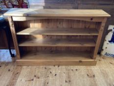 Pine open bookcase with two adjustable shelves, 87cm by 136cm by 29cm.
