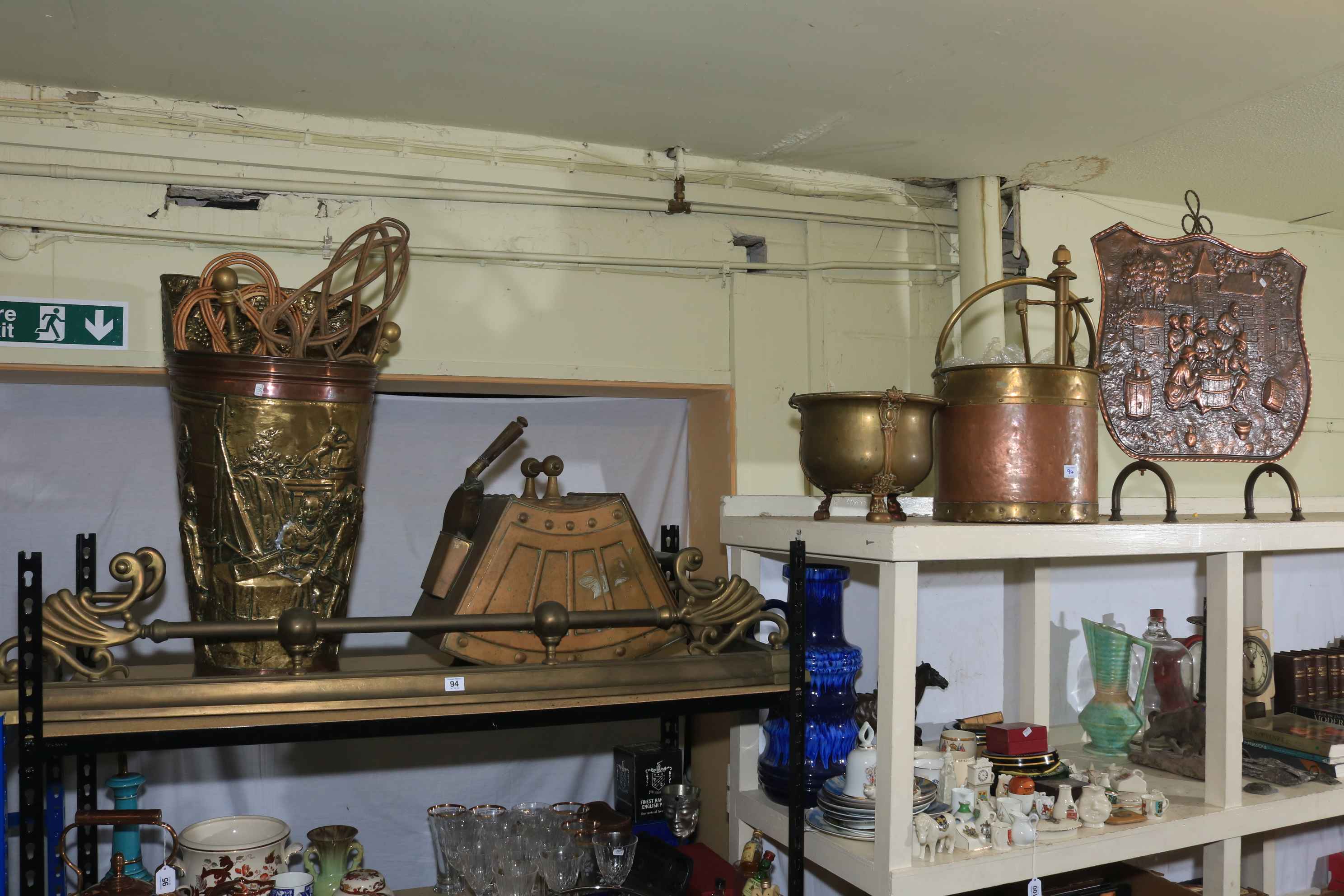 Copper and brass stick stand and coal bucket,