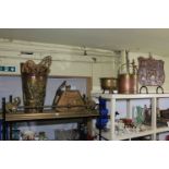 Copper and brass stick stand and coal bucket,