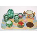 Three Victorian green glass dumps, three glass paperweights,