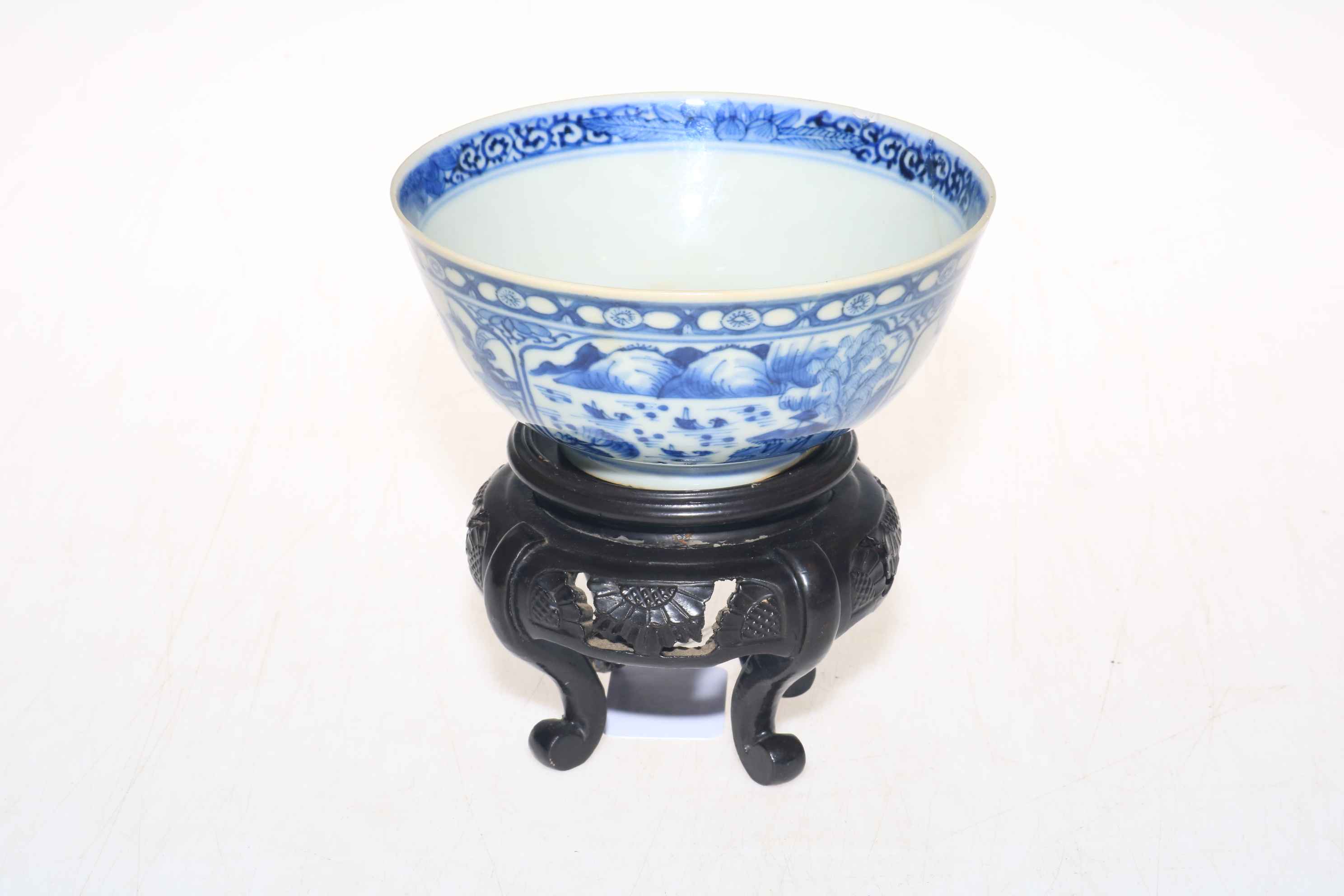 Chinese blue and white bowl with panels of decoration, 14.5cm diameter, with stand. - Image 6 of 6