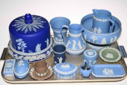 Blue Jasperware Stilton cover and stand and collection of Wedgwood Jasperware.