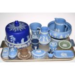 Blue Jasperware Stilton cover and stand and collection of Wedgwood Jasperware.
