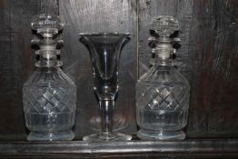 Pair antique crystal decanters and heavy wine goblet (3).
