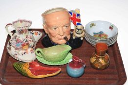 Royal Doulton Winston Churchill character jug, Masons jug and dish, Linthorpe shoe wall pocket,