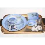Royal Copenhagen dog and sheep groups, lidded box, plate and dishes.