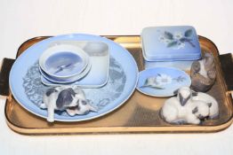 Royal Copenhagen dog and sheep groups, lidded box, plate and dishes.