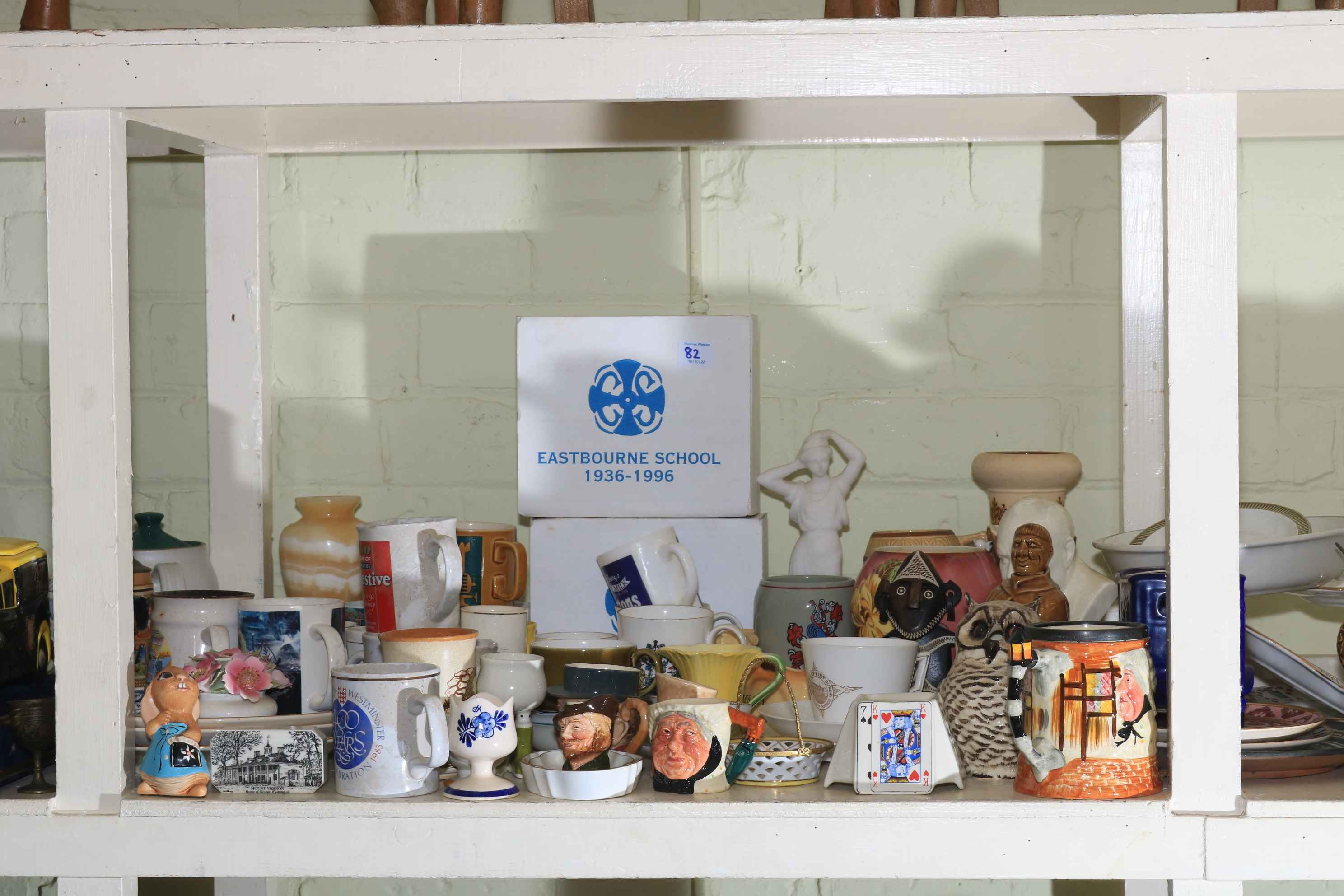 Full shelf of assorted china including candle snuffers, figurines, dinnerwares, Ringtons, - Image 3 of 6