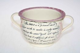 Sunderland lustre chamber pot with verse and frog insert.