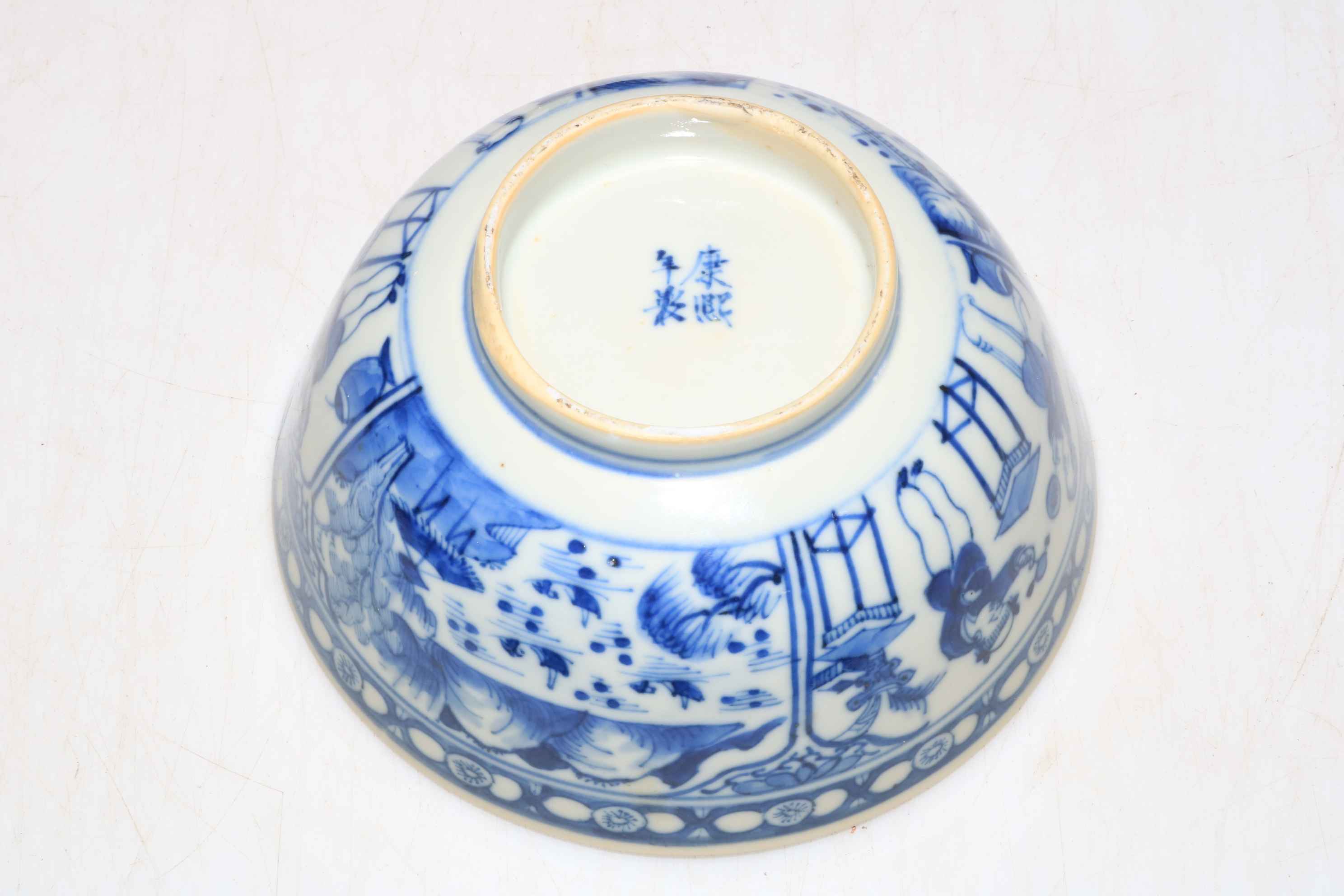 Chinese blue and white bowl with panels of decoration, 14.5cm diameter, with stand. - Image 3 of 6