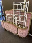Pair Continental gilt painted and buttoned fabric double bed ends and Victorian cast and brass