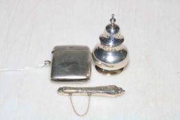 1911 silver vesta case, silver needle case and small silver pepperette (3).