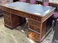 Victorian mahogany nine drawer pedestal desk, 73cm by 138cm by 72cm.