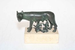 Antique bronze of Romulus and Remus on granite base, 15cm across.
