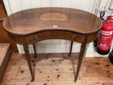 Edwardian inlaid mahogany kidney shaped single drawer side table, 72.5cm by 90cm by 45cm.