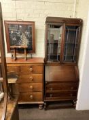 1920's/30's oak leaded glazed door bureau bookcase, painted panel firescreen and carved stool (3).