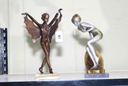 Deco spelter butterfly girl and bather figure(2).