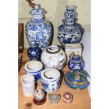 Collection of Oriental wares including Cloisonné lidded pot, blue and white vase, brush pots, etc.