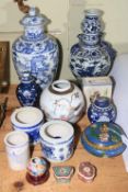 Collection of Oriental wares including Cloisonné lidded pot, blue and white vase, brush pots, etc.