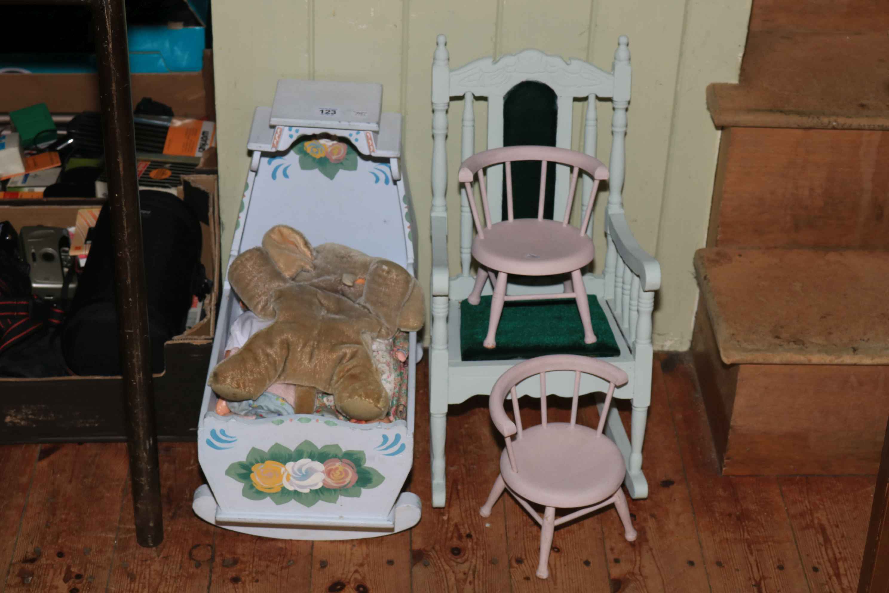 Dolls crib, Steiff elephant, rocking chair, four dolls, etc.