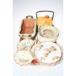 Carlton Ware trio dish, three babies plates, two handled dish and biscuit barrel,