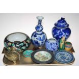 Collection of Oriental china including double gourd vase, lidded vase, bowl, brass censor, etc.