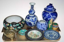 Collection of Oriental china including double gourd vase, lidded vase, bowl, brass censor, etc.