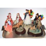 Five Royal Doulton figures including The Balloon Man and Biddy Penny Farthing and two Border Fine